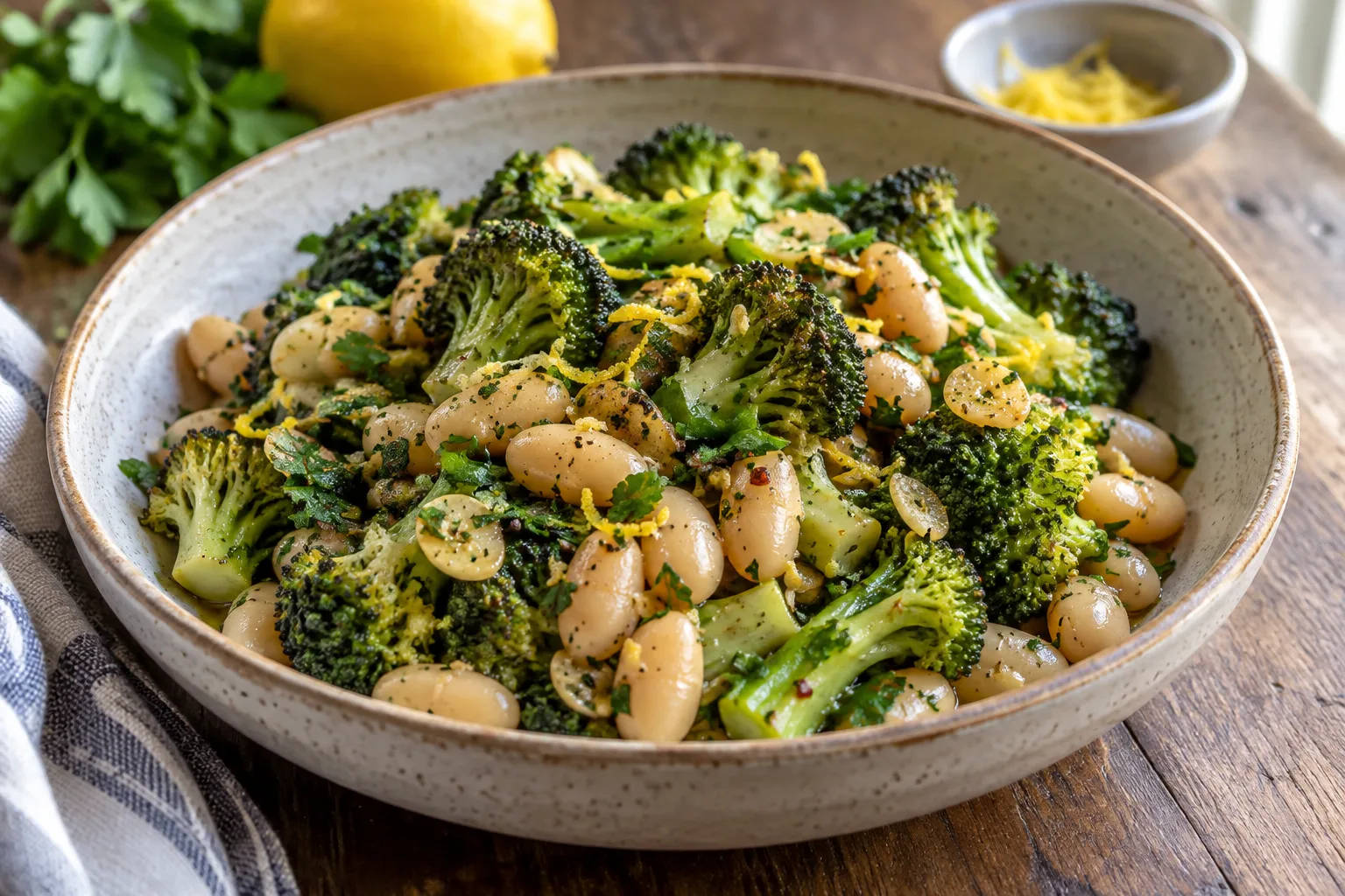 Broccoli cu fasole albă și lămâie la tigaie, gata în 25 de minute