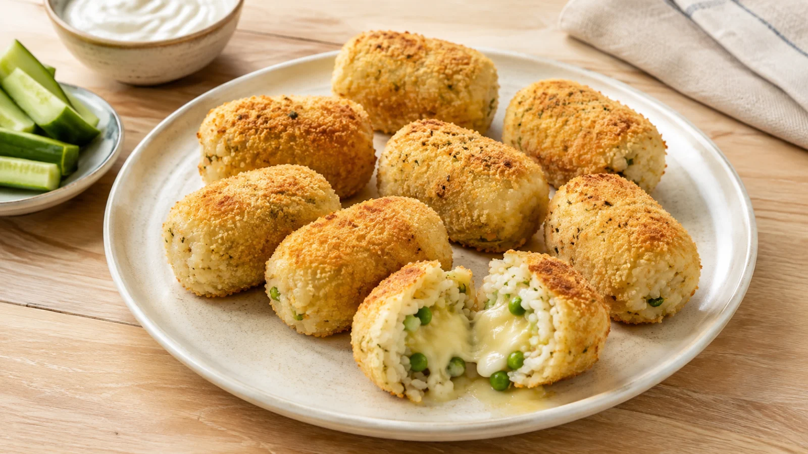 Crochete de orez cu mazăre și mozzarella pentru copii, coapte la cuptor