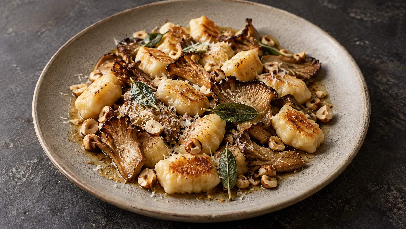 Gnocchi de ricotta cu pleurotus, unt brun și alune