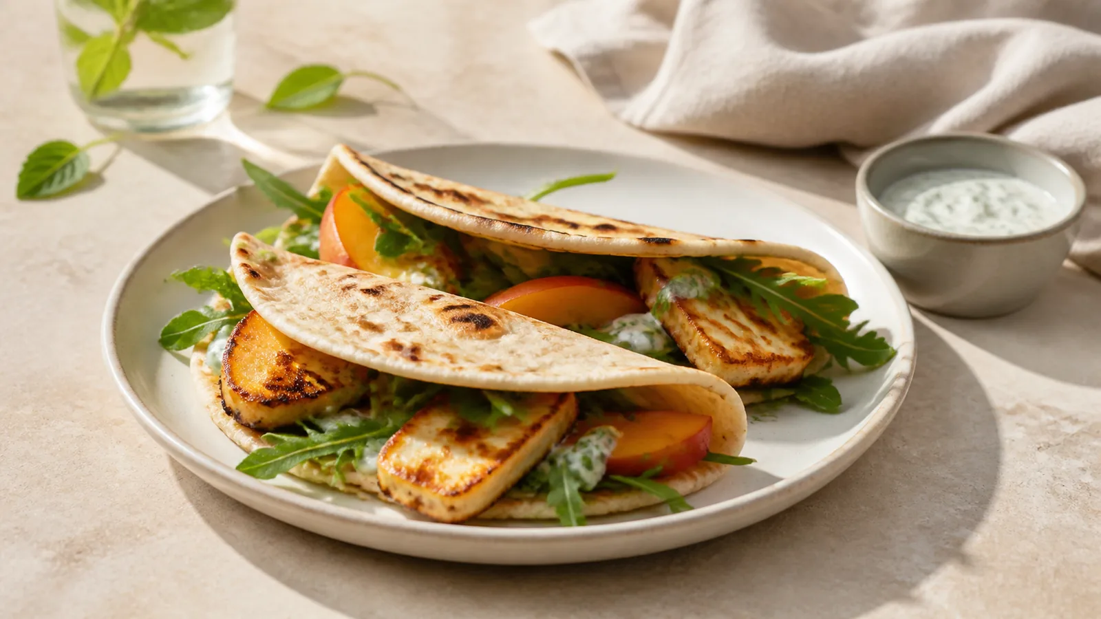 Lipii cu halloumi, nectarine și rucola: cină în 15 minute