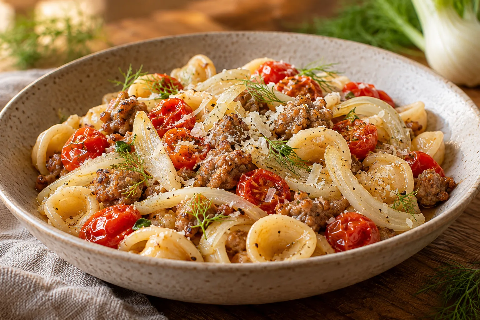 Orecchiette cu cârnați, fenicul și roșii cherry, gata în 25 de minute
