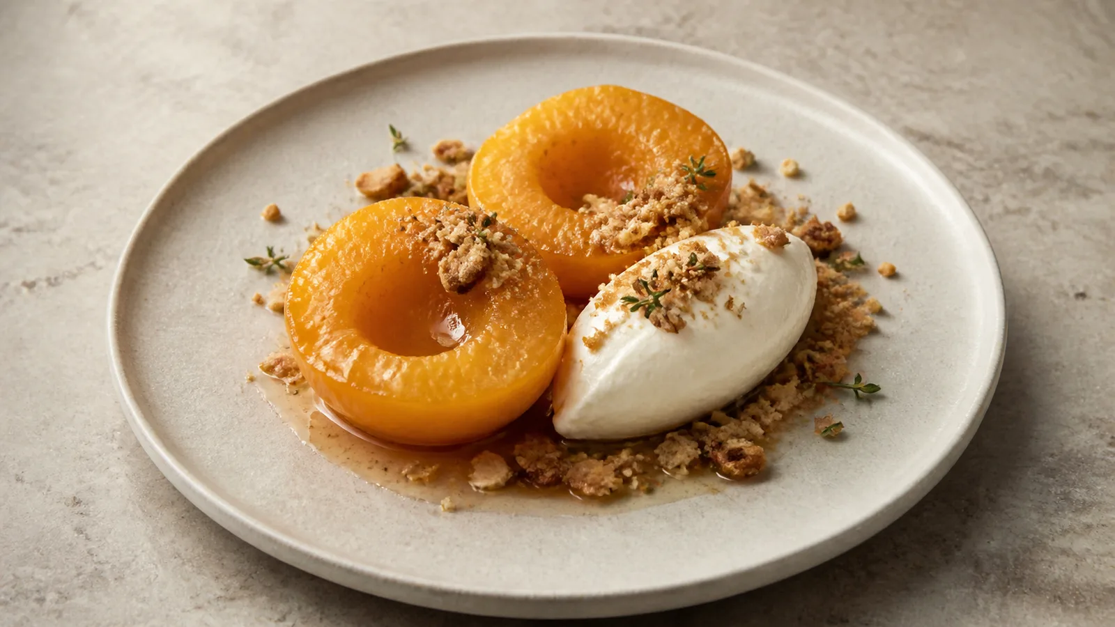 Piersici poșate cu cremă de mascarpone și crumble de migdale: desert elegant de vară