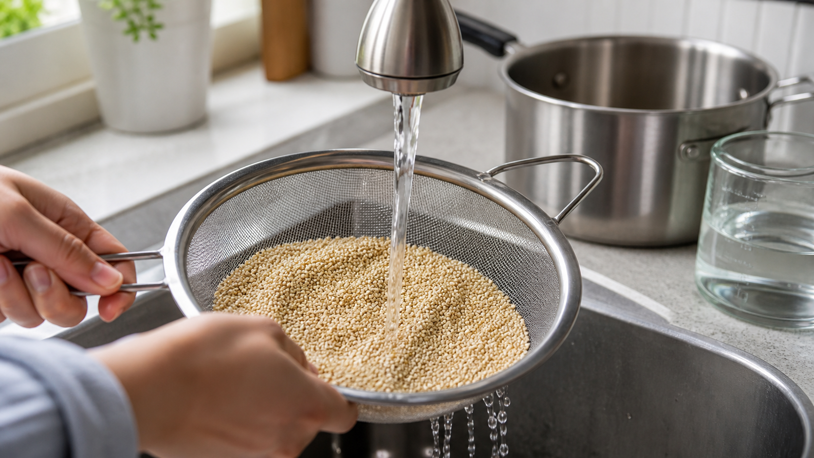 Boabe de quinoa clătite într-o sită fină înainte de fierbere