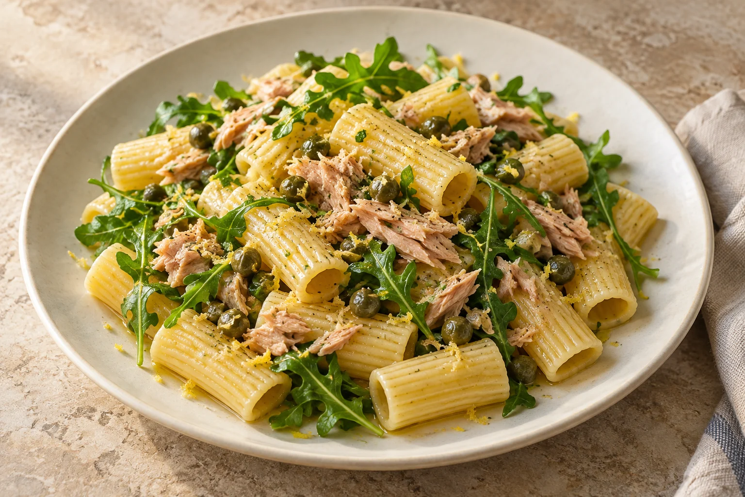 Rigatoni cu ton, capere, lămâie și rucola, gata în 20 de minute