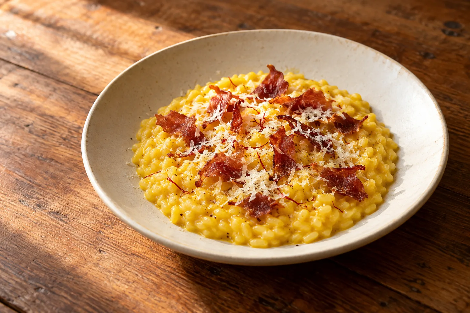 Risotto cu șofran, parmezan și prosciutto crocant