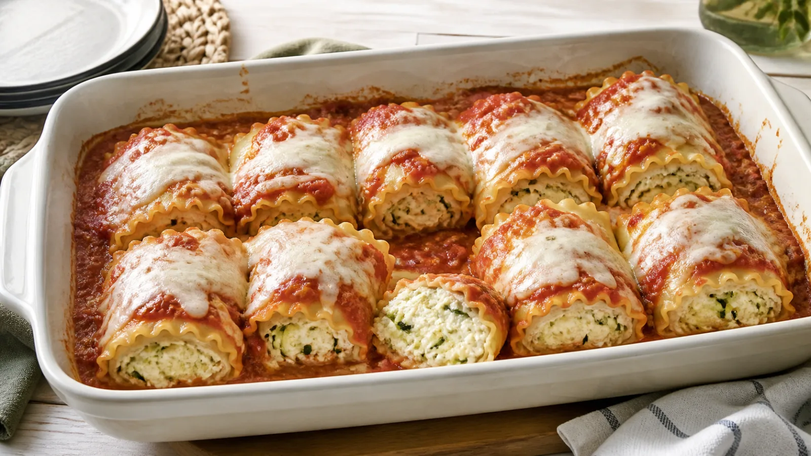 Rulouri de lasagna cu dovlecel și ricotta pentru copii, coapte în sos de roșii