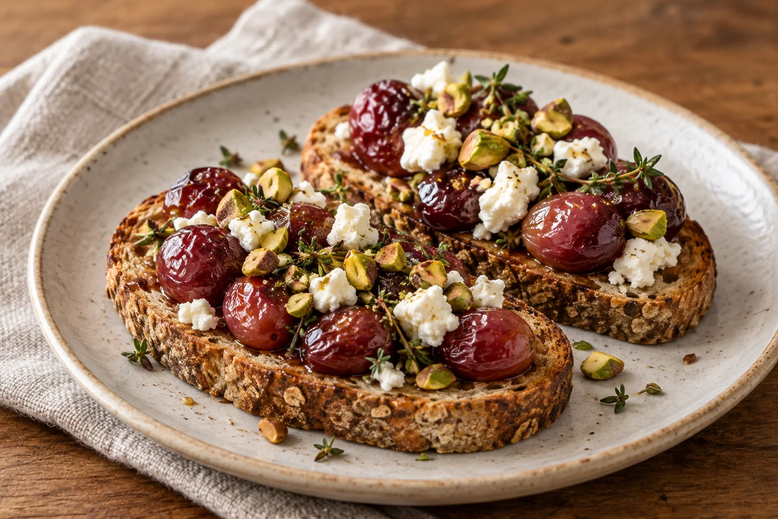 Tartine cu struguri copți, feta și fistic, pentru o gustare caldă