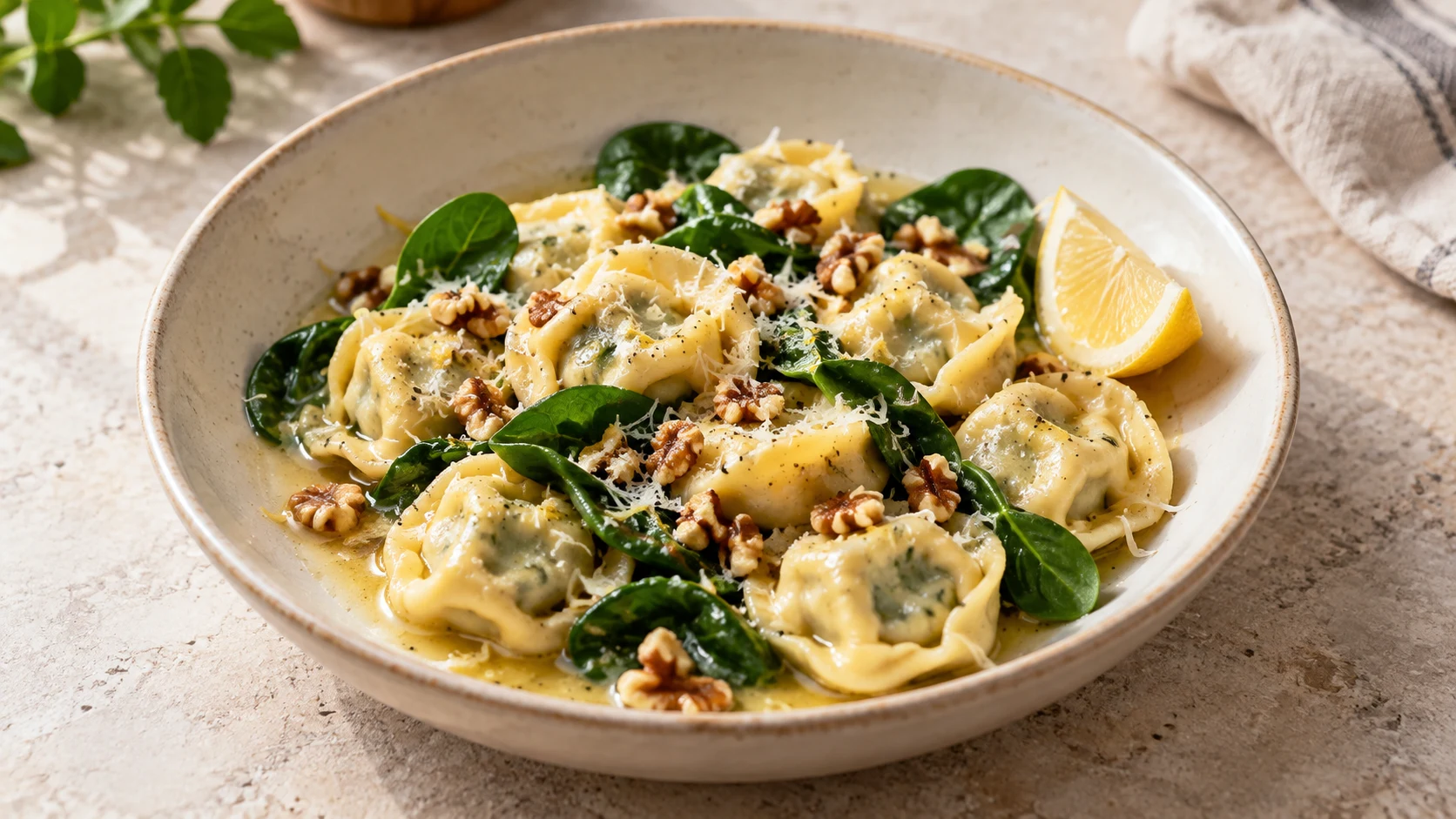 Tortellini cu spanac, lămâie și nuci, gata în 20 de minute