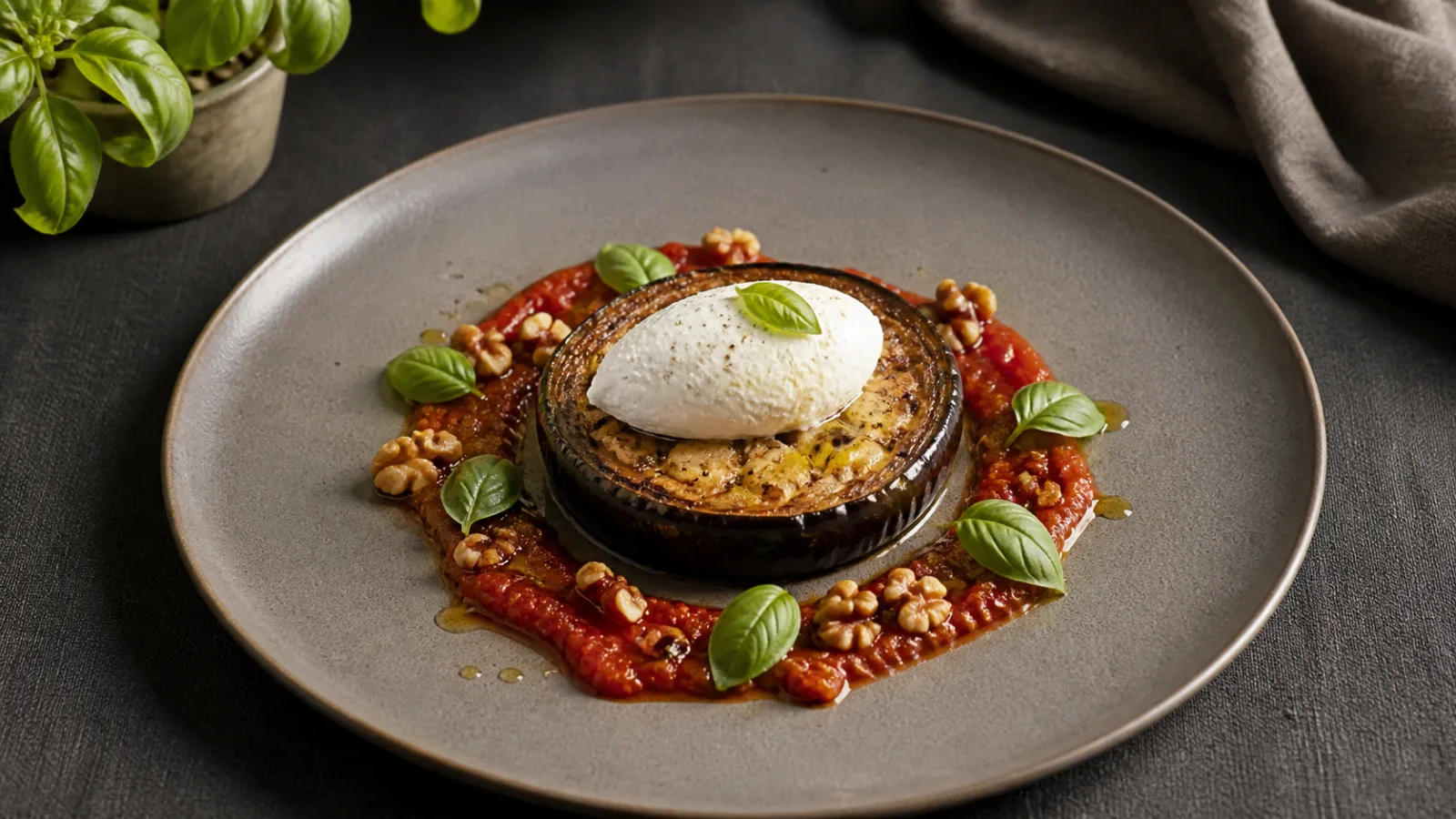 Vinete coapte cu cremă de brânză de capră și sos de roșii: plating elegant acasă